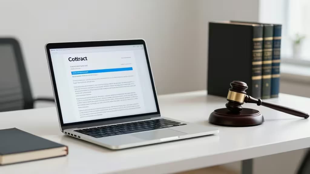 Ordinateur portable affichant un document juridique à côté d'un marteau de juge et de livres de droit sur un bureau.