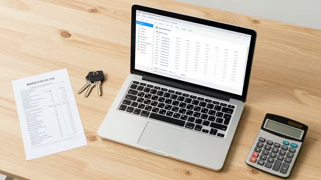 Laptop displays expense tracking software, flanked by calculator and rental documents on wooden desk.
