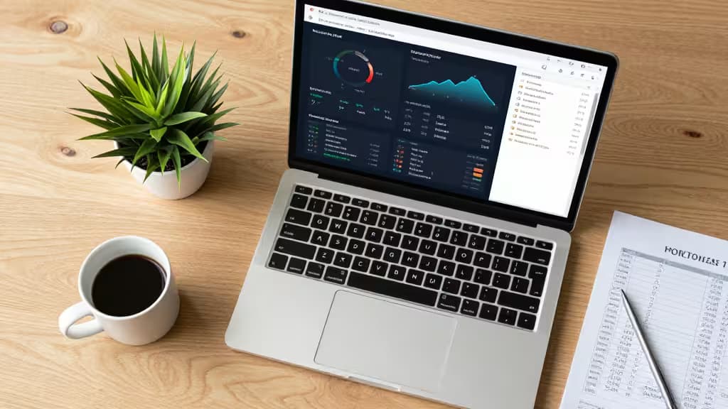 Laptop displays crypto tax dashboard beside coffee, plant, and worksheet on wooden desk.