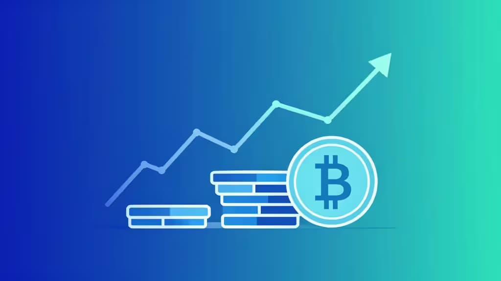 Bitcoin-munt en gestapelde munten stijgen tegen een blauw-turquoise gradient met een opwaartse lijngrafiek.