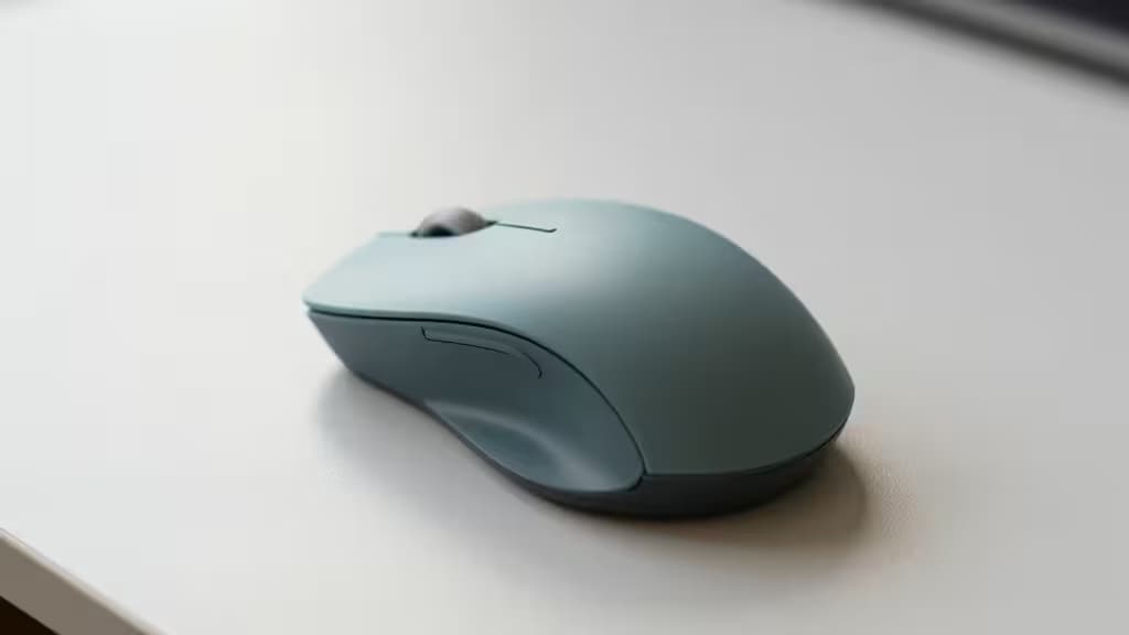 A sleek, matte-finish vertical mouse rests on a clean white desk, designed for ergonomic comfort and compact usability.
