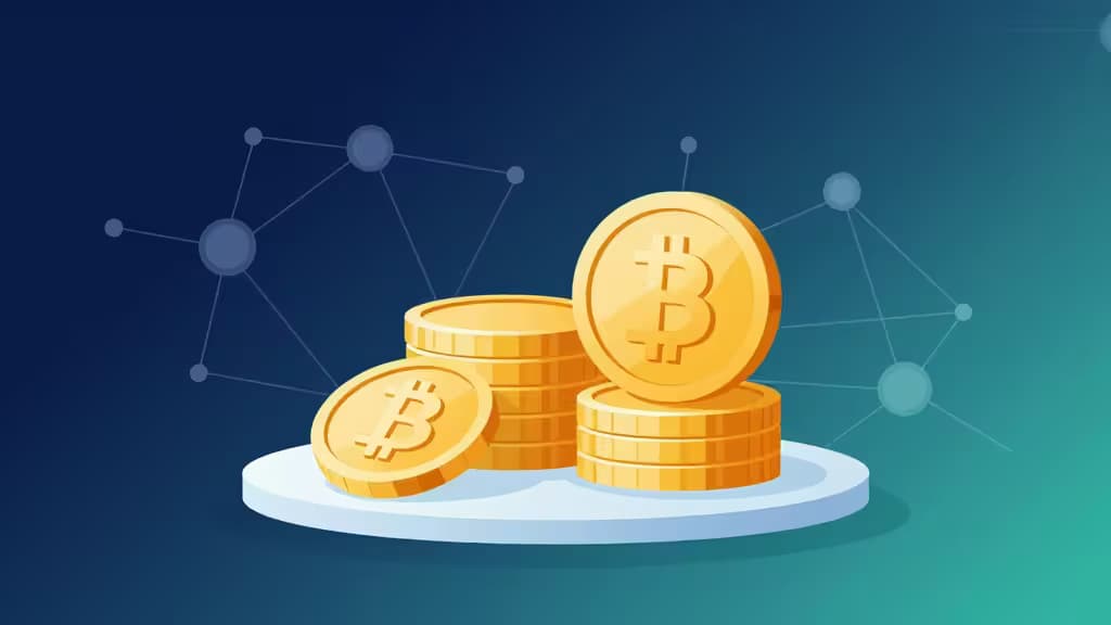 Monedas de oro apiladas sobre una plataforma blanca con nodos de red en un degradado azul-verde, simbolizando ahorro en criptomonedas.