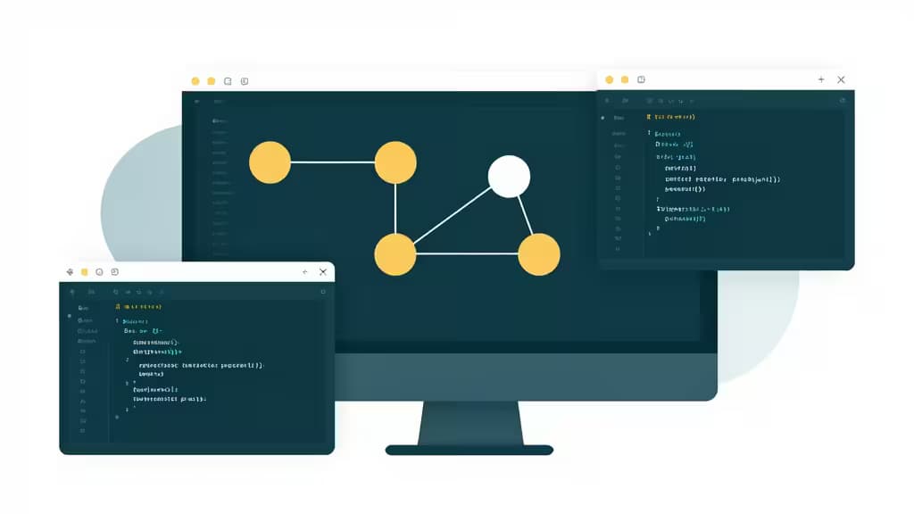 Illustrazione astratta di pannelli di editor di codice e nodi interconnessi che rappresentano endpoint API, con palette colori teal scuro e ambra