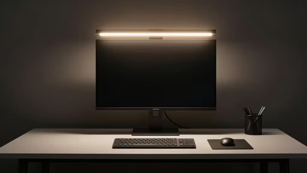 A modern minimalist desk with a warm-glowing monitor light bar mounted atop a computer screen, set against a dark background.