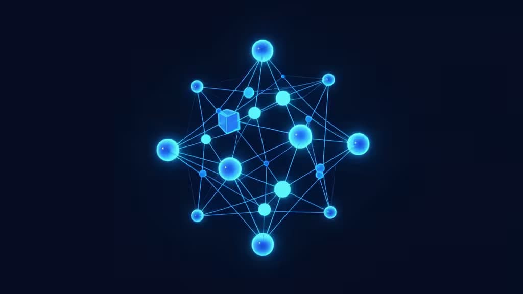 Glowing blue 3D vector embeddings form interconnected nodes, symbolizing efficient RAG database structures.
