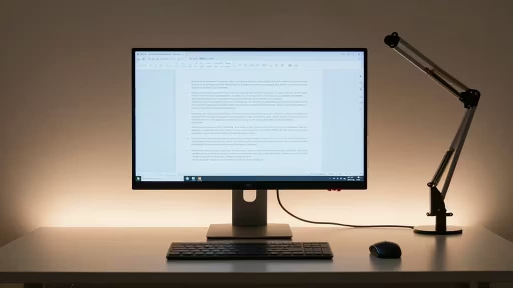Schwarzer Monitor zeigt Text auf einem weißen Schreibtisch neben einer silbernen Gelenklampe, Tastatur und Maus.
