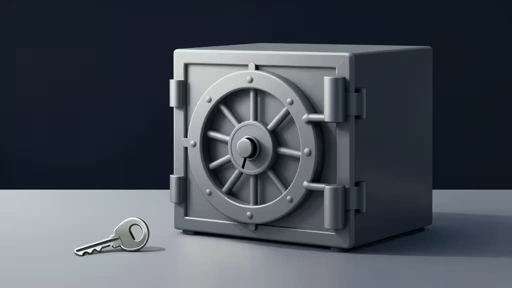 A locked metal vault on a desk with a key, representing offline password security and data sovereignty