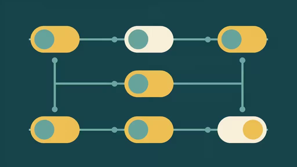 Abstract editorial illustration of feature toggle switches and deployment pipeline nodes in dark teal and amber tones