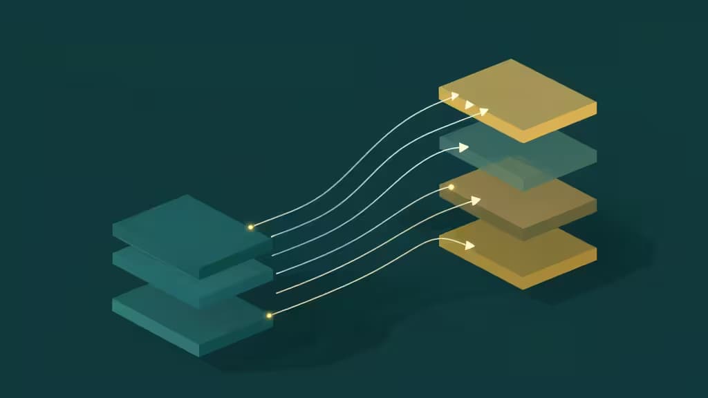 Ilustración abstracta de tablas de datos conectadas por líneas de consulta type-safe en tonos teal y ámbar