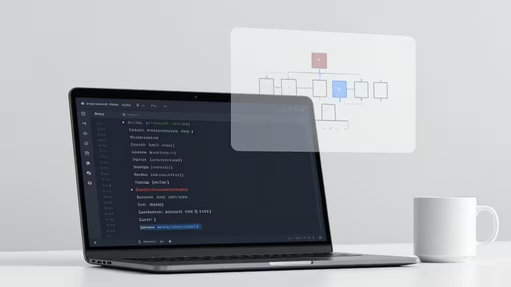 Um laptop exibindo código e um diagrama de banco de dados, com uma caneca branca ao lado.