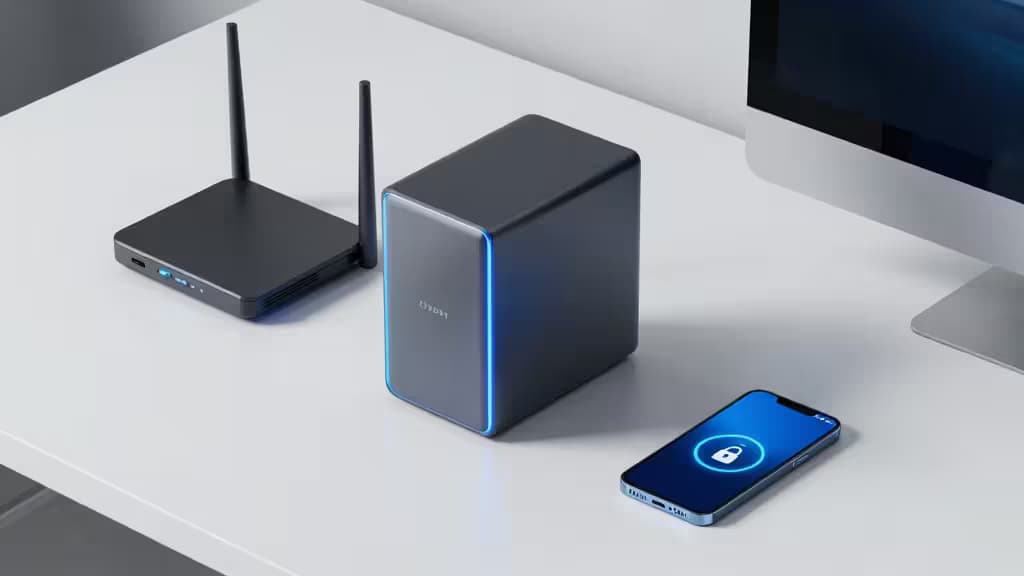 Un NAS negro con LED azul, un router y un smartphone mostrando un icono de candado sobre un escritorio blanco.