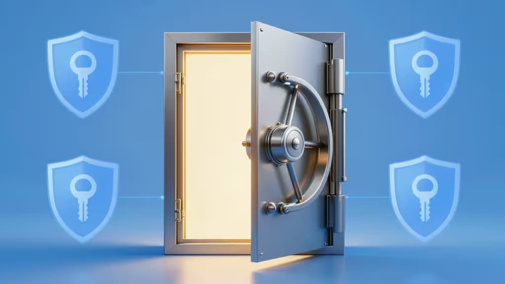 Une porte de coffre-fort métallique entrouverte avec une lueur chaude, entourée de quatre boucliers bleus translucides ornés d'icônes de clé.