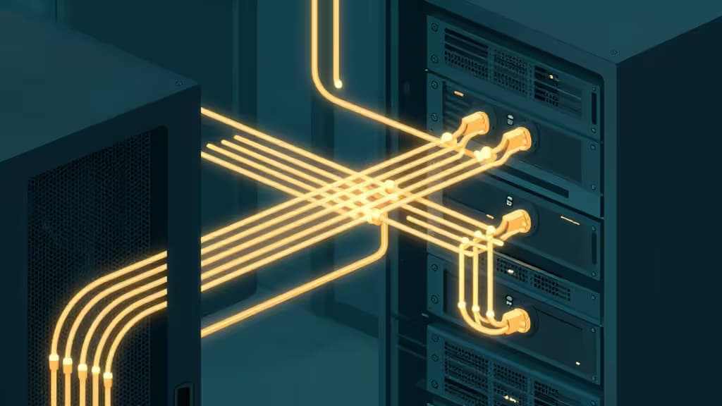 Glowing yellow data streams flow between server racks, symbolizing background job queues for Node.js developers.