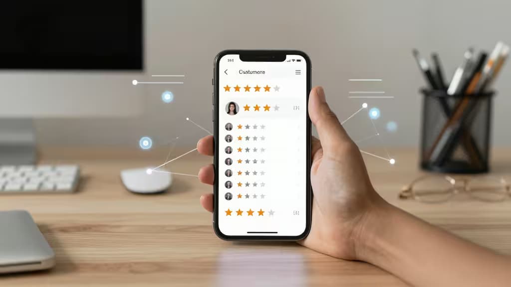 Dłoń trzymająca smartfon z wyświetlonymi opiniami klientów, z grafiką sieci AI na tle polskiego biurka.