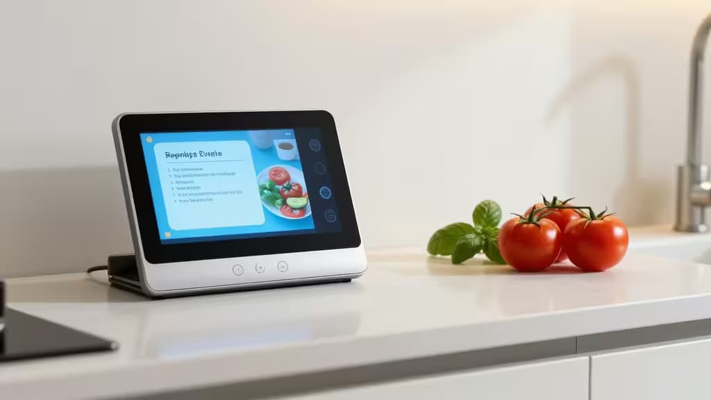 Smart display mostra una ricetta sul bancone della cucina accanto a pomodori freschi e basilico.