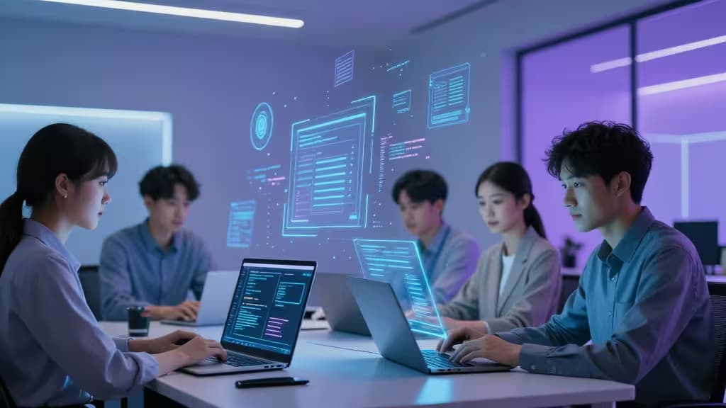 Diverse developers collaborate at sleek desks, laptops glowing with holographic code interfaces.