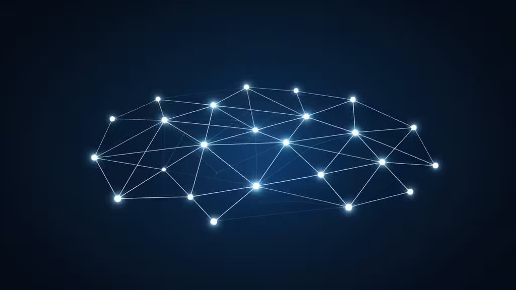 Topologia di rete mesh astratta con nodi luminosi interconnessi su sfondo blu scuro