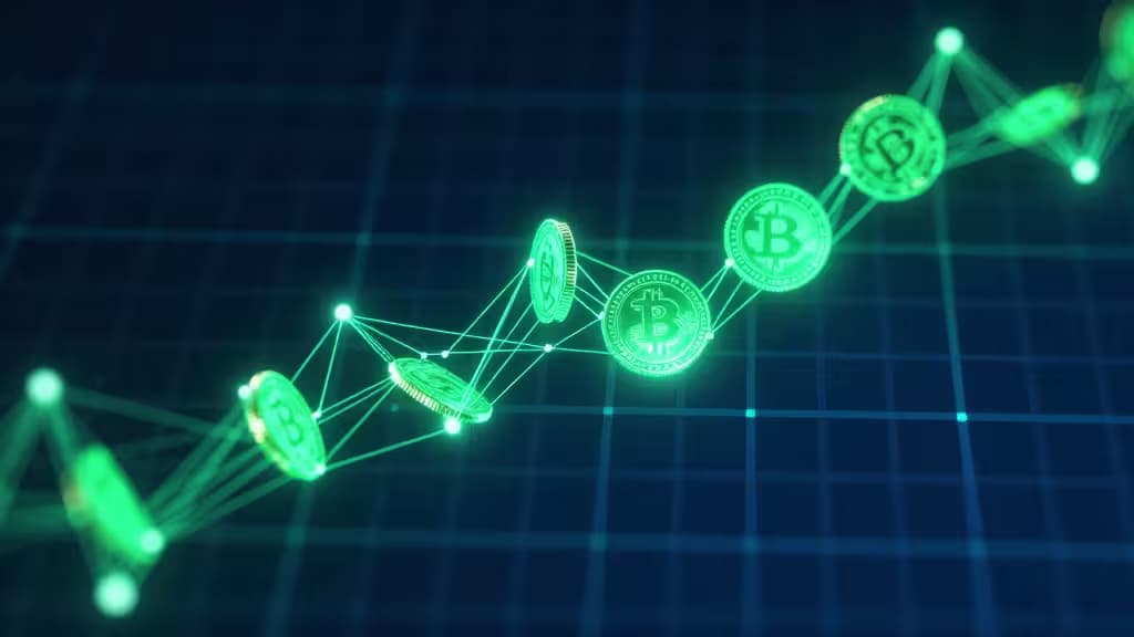 Moedas de Bitcoin brilhantes em verde formam um gráfico de rede em tendência ascendente contra um fundo de grade azul escuro.