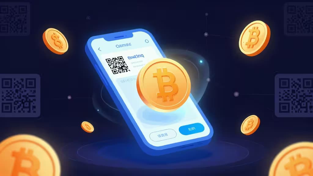 Glowing smartphone displays crypto wallet interface, surrounded by floating Bitcoin coins and QR codes on dark background.