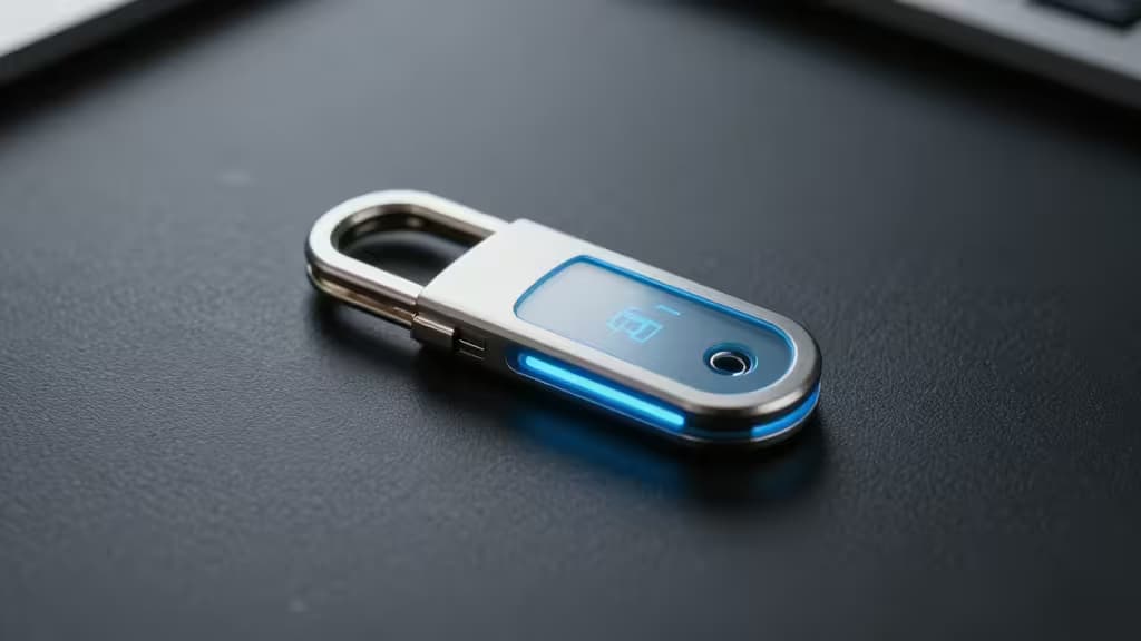 A sleek, metallic FIDO2 security key with a glowing blue LED indicator rests on a dark, textured surface, symbolizing modern passkey authentication.