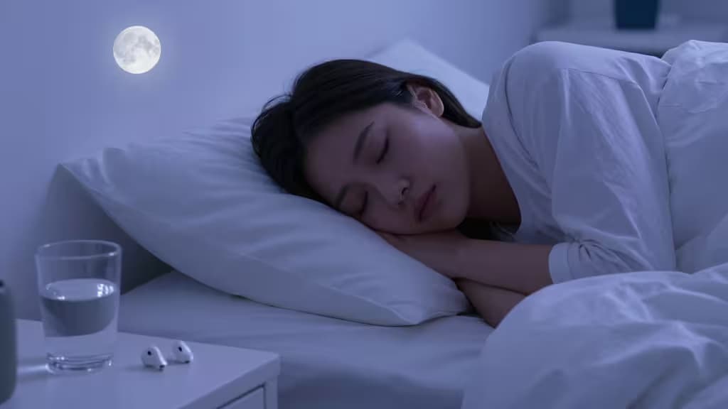 White wireless earbuds rest on a nightstand beside a sleeping woman under moonlight.
