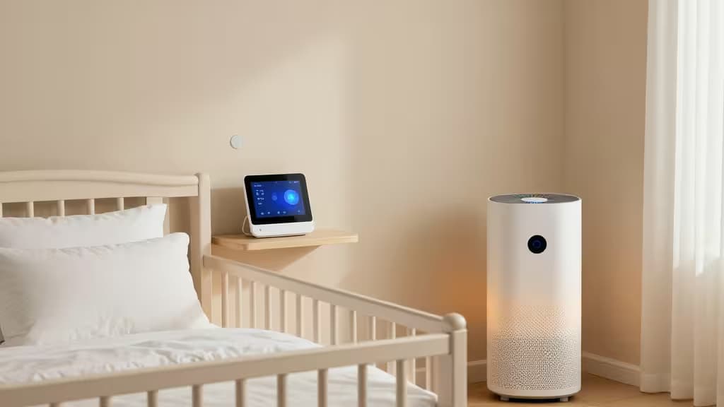 White crib beside wooden shelf holding smart display, next to cylindrical white air purifier with glowing base.