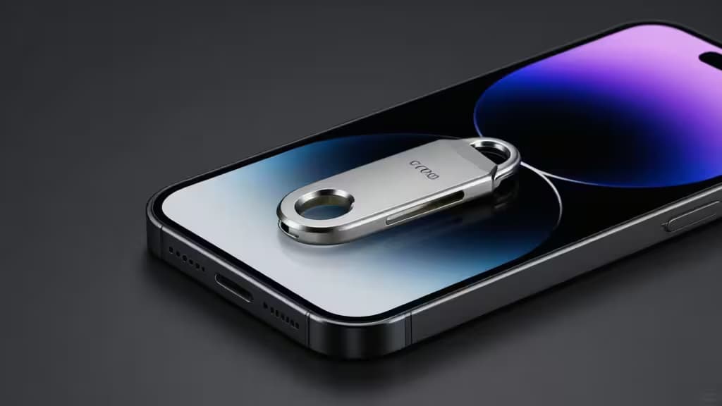 Srebrny klucz sprzętowy FIDO2 leżący ukośnie na ekranie iPhone'a z abstrakcyjną tapetą, na ciemnym studijnym tle.