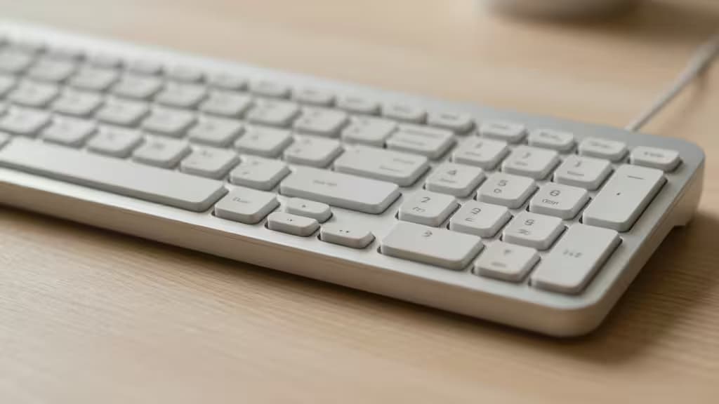 Biała klawiatura z zakrzywionym układem Alice na jasnym drewnianym biurku, prezentująca ergonomiczny design dla użytkowników Maca.