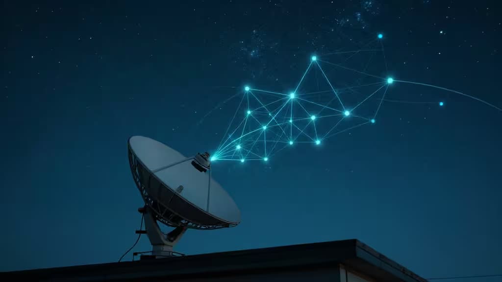 Спутниковая тарелка излучает светящиеся синие линии mesh-сети в звёздное ночное небо.