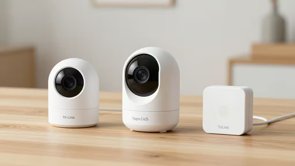 Three white smart security devices rest on a light wooden table, showcasing sleek designs and compact forms.