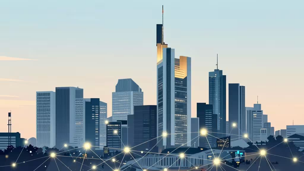 Stilisierte Frankfurt-Skyline in der Dämmerung, überlagert mit leuchtenden Netzwerkknoten, die sicheren Krypto-Handel und digitale Finanzvernetzung symbolisieren.