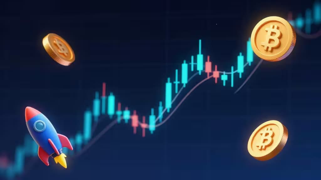 Pièces de Bitcoin dorées et une fusée survolent un graphique en chandeliers haussier, symbolisant la croissance du trading de meme coins.