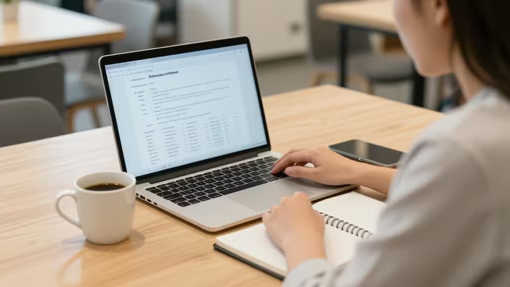 Freelancer reviews business checking accounts on laptop, coffee and notebook nearby.