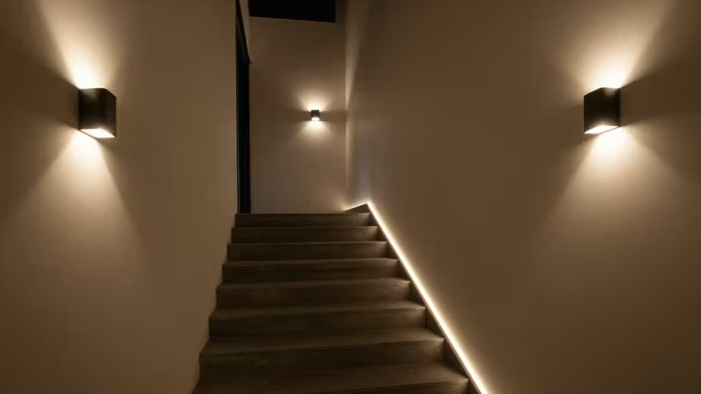 Modern wall sconces and LED strip light illuminate wooden stairs in a dim hallway.
