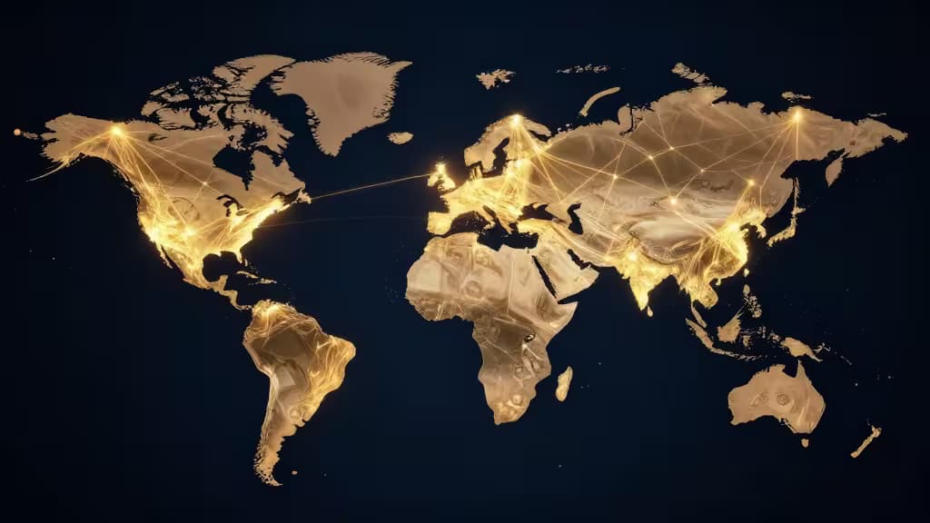 Golden world map displays glowing financial network lines connecting major global cities against a dark background.