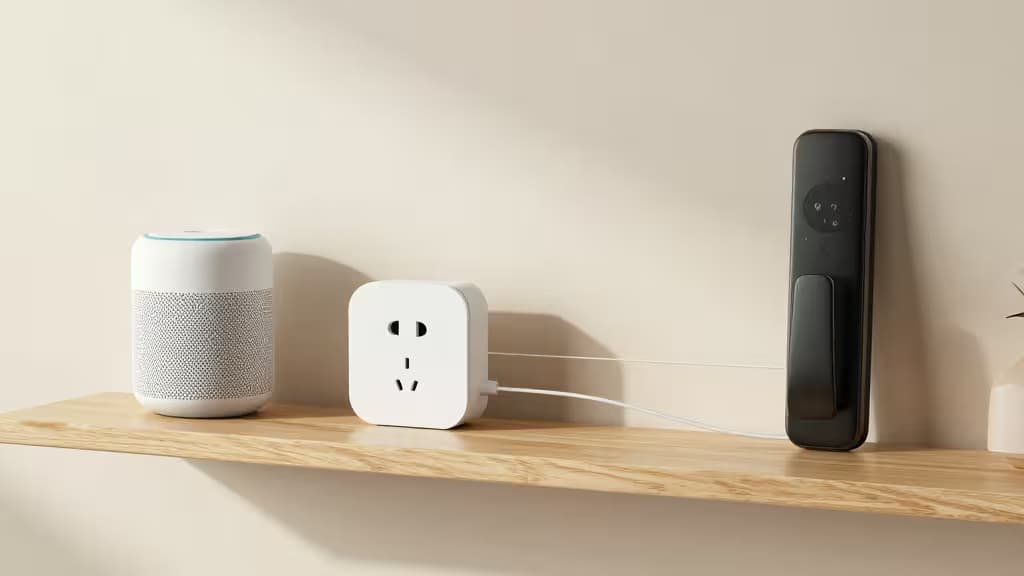 Weißer Smart-Plug, Lautsprecher und schwarze Fernbedienung auf heller Holzablage in minimalistischer Umgebung.