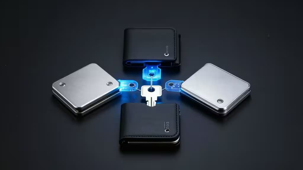 Four sleek wallets surround a glowing key, symbolizing secure crypto multisig protection.