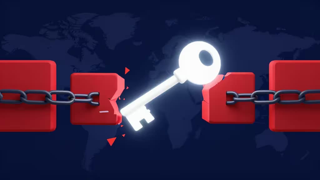 A glowing white key breaks red chain links against a world map, symbolizing digital freedom.