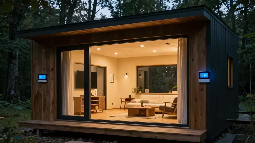 Modern cabin with glowing smart panels flanks open glass doors, revealing a warmly lit interior at dusk.