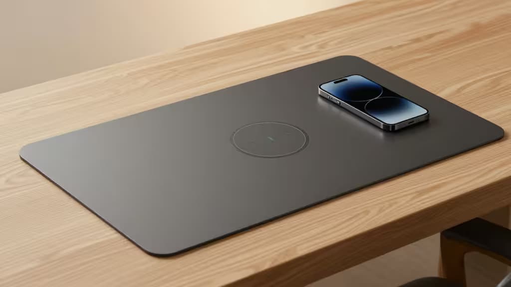 Tapete de secretária moderno com carregamento wireless e smartphone a carregar sobre uma mesa de madeira minimalista