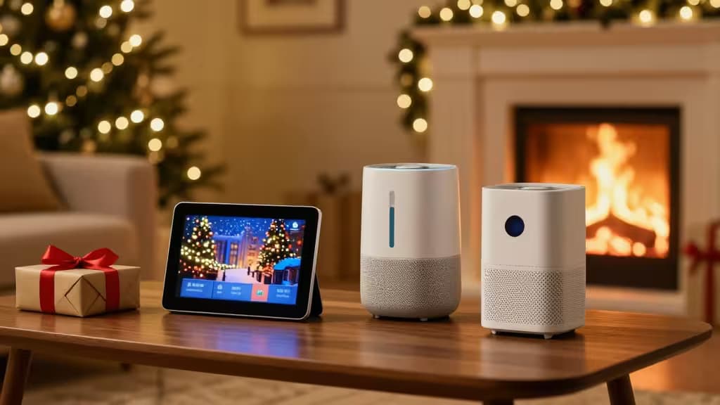 Smart speakers and tablet display holiday scene on wooden table beside wrapped gift.