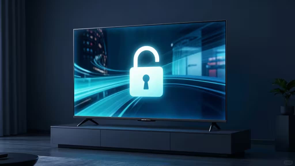 A sleek flat-screen TV displays a glowing padlock icon over blue data streams, symbolizing secure streaming on a modern smart TV.