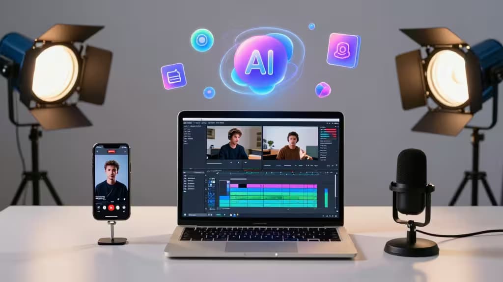 Ferramentas de IA para edição exibidas em laptop, celular e luzes de estúdio para criadores de YouTube.
