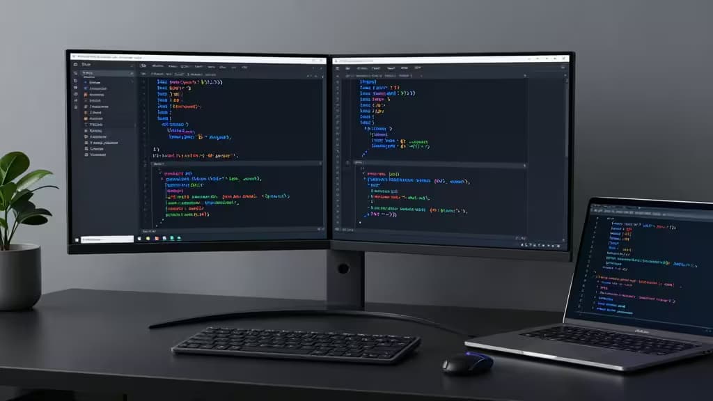 Dual monitors and laptop display AI-enhanced code editors on a sleek desk setup.