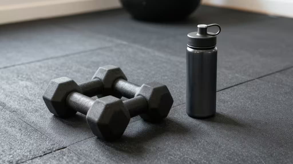 Hex dumbbells and matte water bottle on gym floor, ready for workout with wireless earbuds.