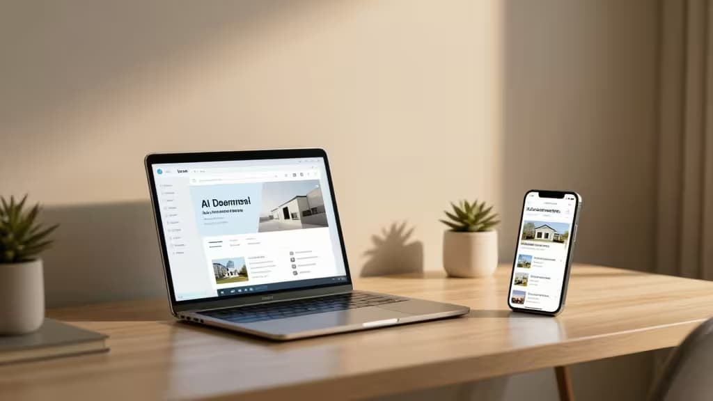 Laptop et téléphone affichant des outils IA immobiliers sur un bureau en bois avec des plantes succulentes.
