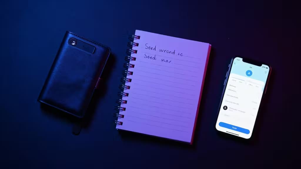 Een notitieboek met handgeschreven notities, een portemonnee en een smartphone met een wachtwoordmanager-app.