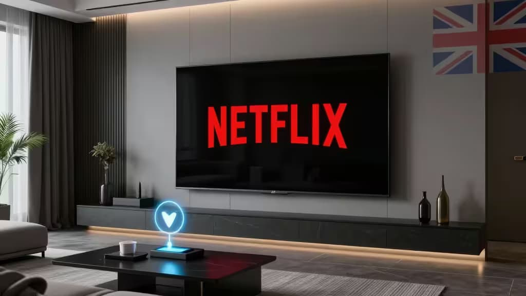 Sala de estar moderna com TV grande exibindo o logotipo da Netflix, bandeira britânica sutil e ícone de conexão VPN flutuando nas proximidades, iluminação cinematográfica.