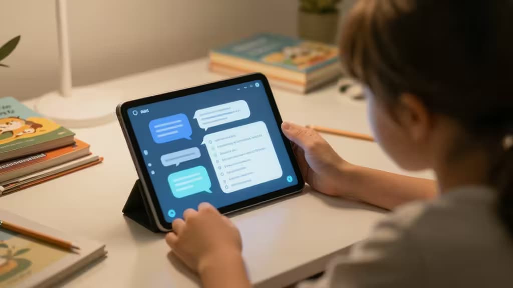 A child interacts with an AI chatbot on a tablet, surrounded by books and pencils at a desk.