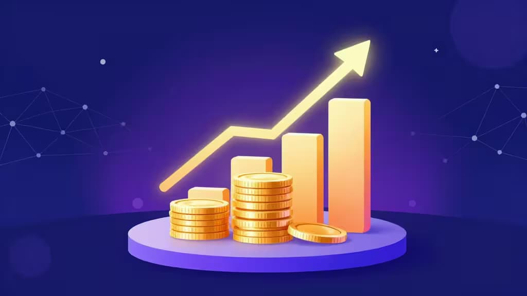 Golden coin stacks and rising bars symbolize crypto staking yields against a deep blue digital backdrop.